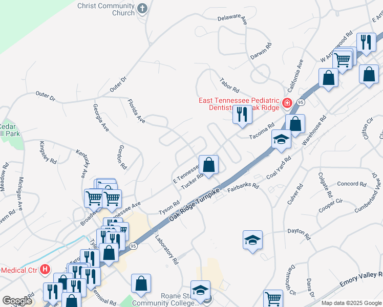 map of restaurants, bars, coffee shops, grocery stores, and more near 301 Florida Avenue in Oak Ridge