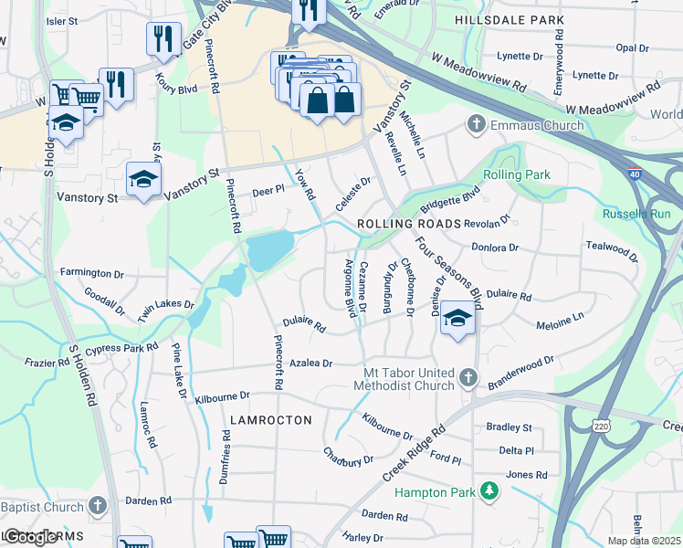 map of restaurants, bars, coffee shops, grocery stores, and more near 2506 Argonne Boulevard in Greensboro