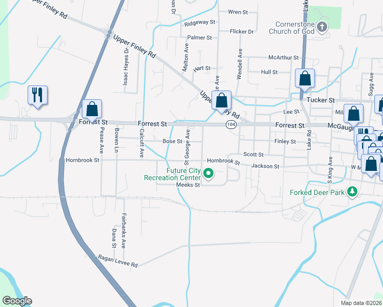 map of restaurants, bars, coffee shops, grocery stores, and more near 221 Saint George Avenue in Dyersburg
