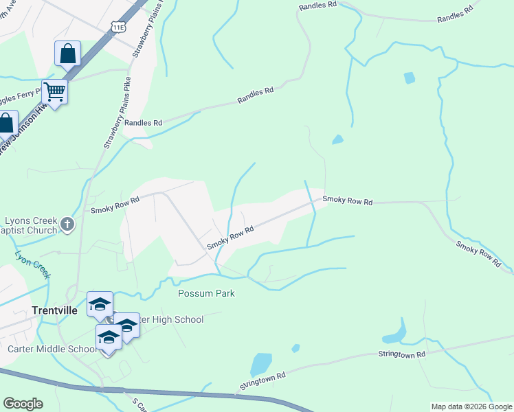 map of restaurants, bars, coffee shops, grocery stores, and more near 9603 Smoky Row Road in Strawberry Plains