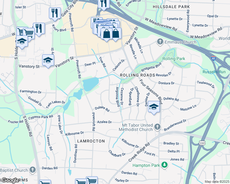 map of restaurants, bars, coffee shops, grocery stores, and more near 2506 Argonne Boulevard in Greensboro