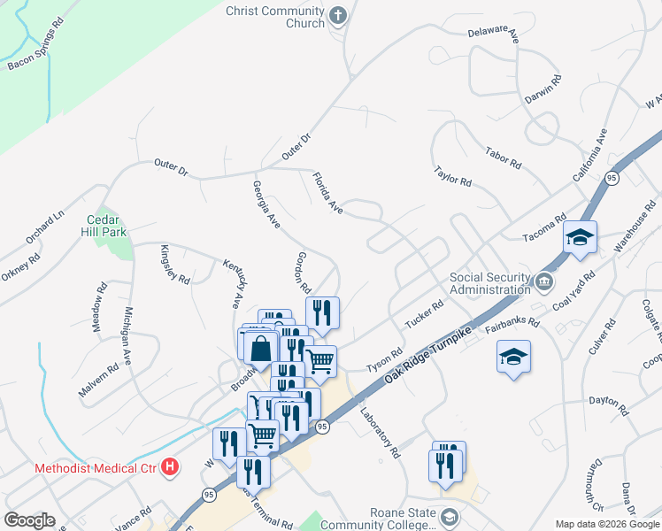 map of restaurants, bars, coffee shops, grocery stores, and more near 115 Georgia Avenue in Oak Ridge