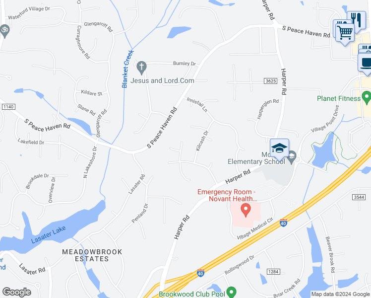 map of restaurants, bars, coffee shops, grocery stores, and more near 3405 Donegal Drive in Clemmons