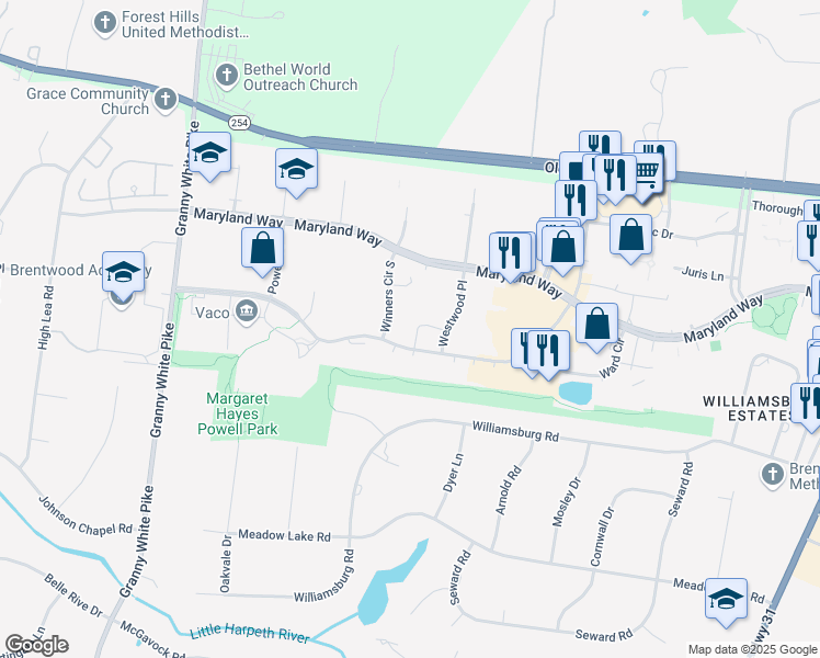 map of restaurants, bars, coffee shops, grocery stores, and more near 5250 Virginia Way in Brentwood