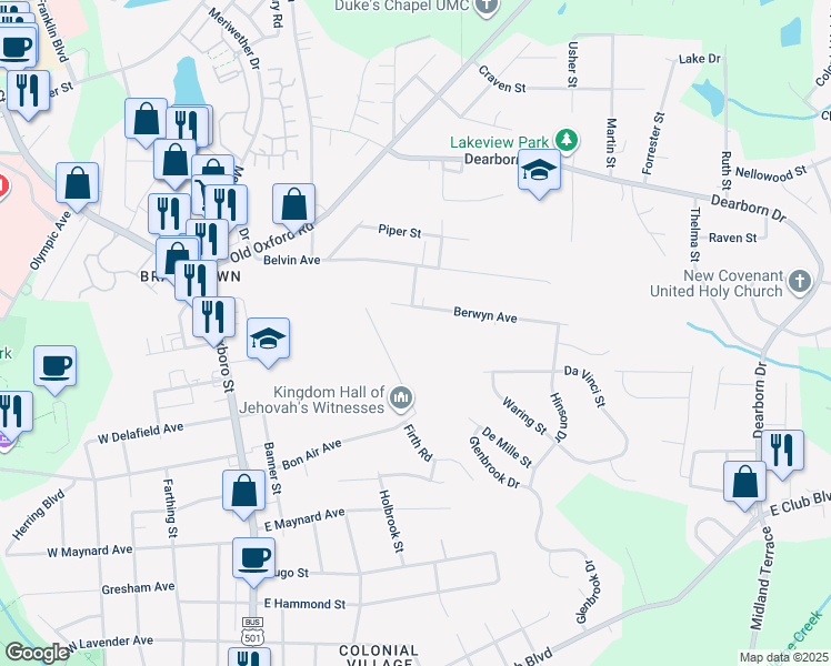 map of restaurants, bars, coffee shops, grocery stores, and more near 702 Berwyn Avenue in Durham