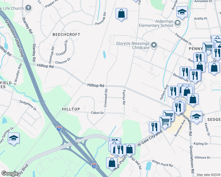 map of restaurants, bars, coffee shops, grocery stores, and more near 4515 Hilltop Road in Greensboro