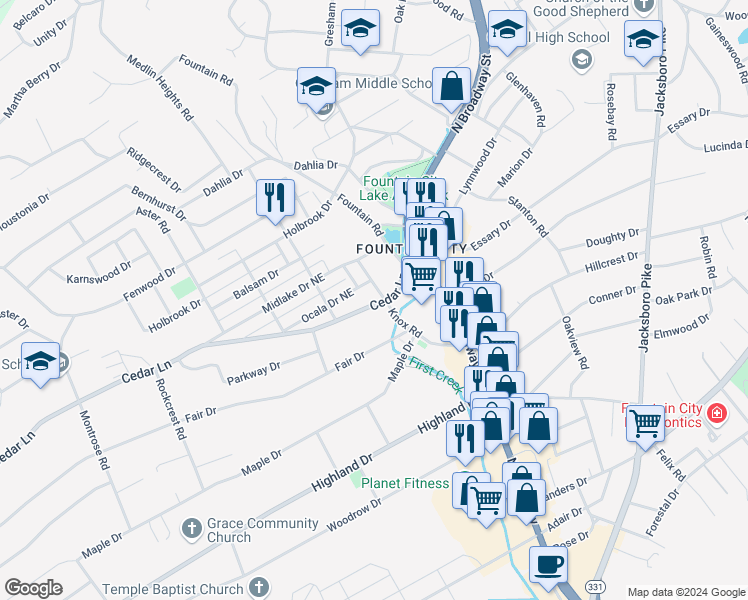 map of restaurants, bars, coffee shops, grocery stores, and more near 2523 Cedar Lane in Knoxville