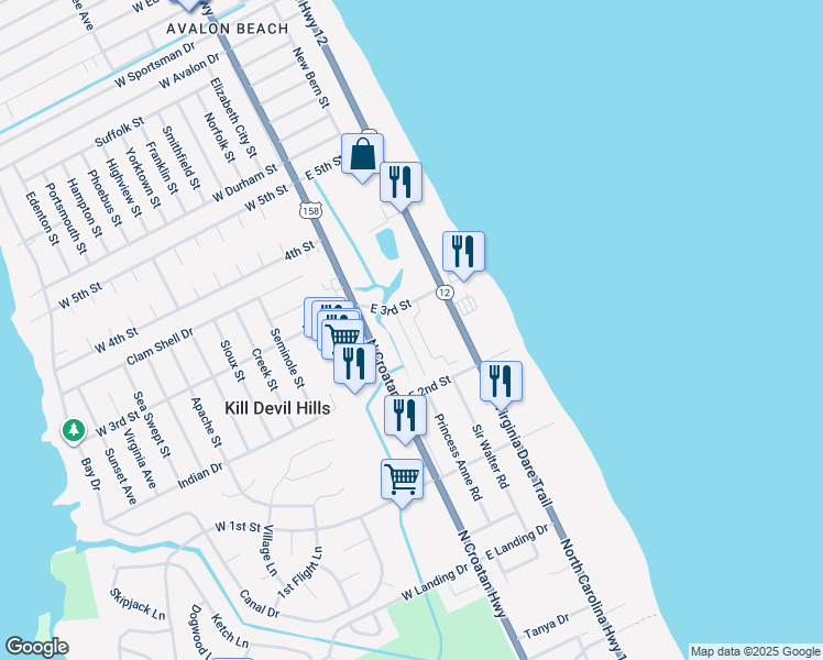 map of restaurants, bars, coffee shops, grocery stores, and more near 1721-1723 Bobby Lee Trail in Kill Devil Hills