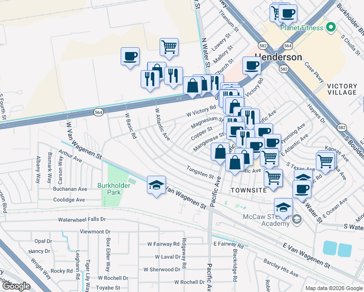 map of restaurants, bars, coffee shops, grocery stores, and more near 170 Copper Street in Henderson