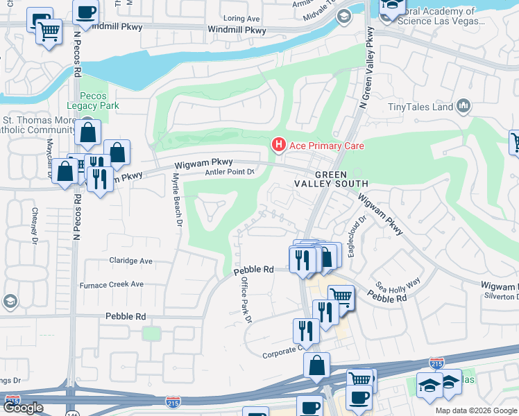 map of restaurants, bars, coffee shops, grocery stores, and more near 2280 Ramsgate Drive in Henderson