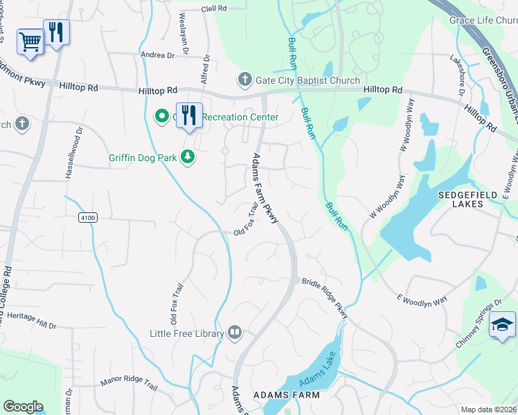 map of restaurants, bars, coffee shops, grocery stores, and more near 5501 Old Fox Trail in Greensboro