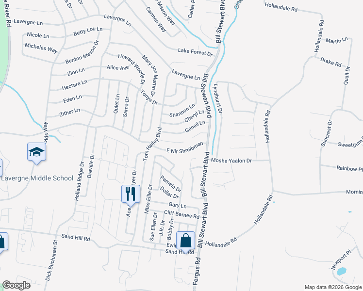 map of restaurants, bars, coffee shops, grocery stores, and more near 1122 Sima Shabat Court in La Vergne