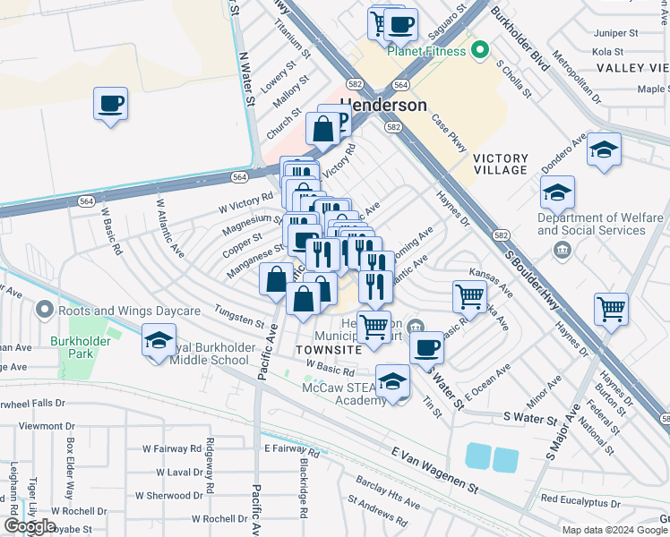 map of restaurants, bars, coffee shops, grocery stores, and more near 112 South Water Street in Henderson