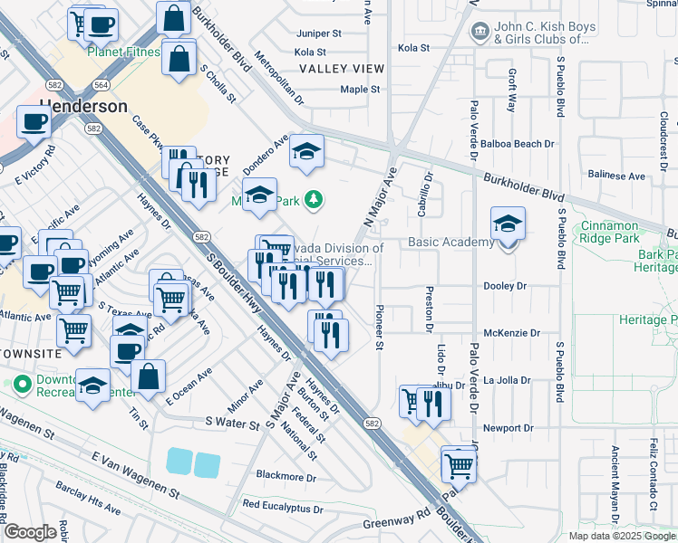 map of restaurants, bars, coffee shops, grocery stores, and more near 400 North Major Avenue in Henderson