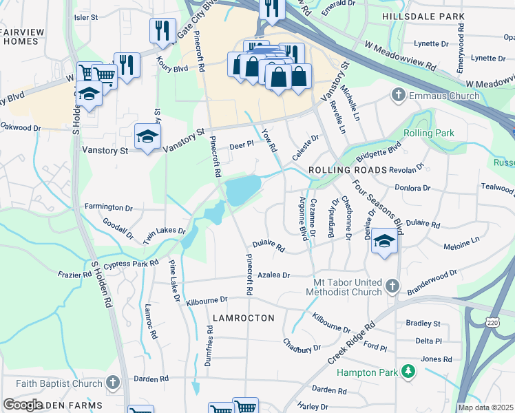 map of restaurants, bars, coffee shops, grocery stores, and more near 2604 Antoine Drive in Greensboro