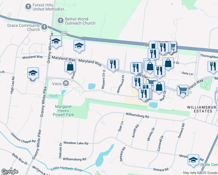 map of restaurants, bars, coffee shops, grocery stores, and more near 5250 Virginia Way in Brentwood