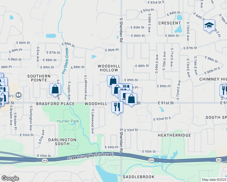 map of restaurants, bars, coffee shops, grocery stores, and more near 8988 South Sheridan Road in Tulsa