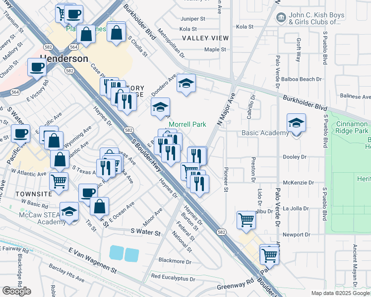 map of restaurants, bars, coffee shops, grocery stores, and more near 525 Harris Street in Henderson