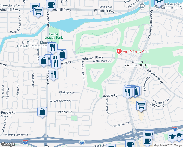 map of restaurants, bars, coffee shops, grocery stores, and more near 2421 Legacy Island Circle in Henderson