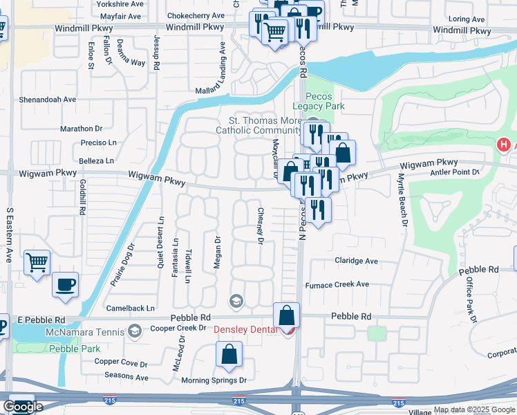 map of restaurants, bars, coffee shops, grocery stores, and more near 66 Chesney Drive in Henderson