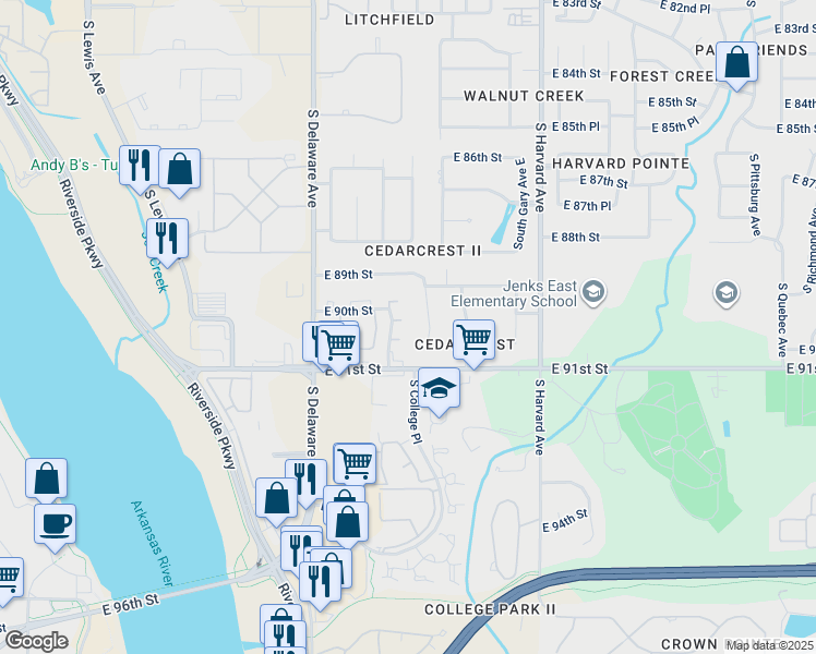 map of restaurants, bars, coffee shops, grocery stores, and more near 8946 South College Place in Tulsa