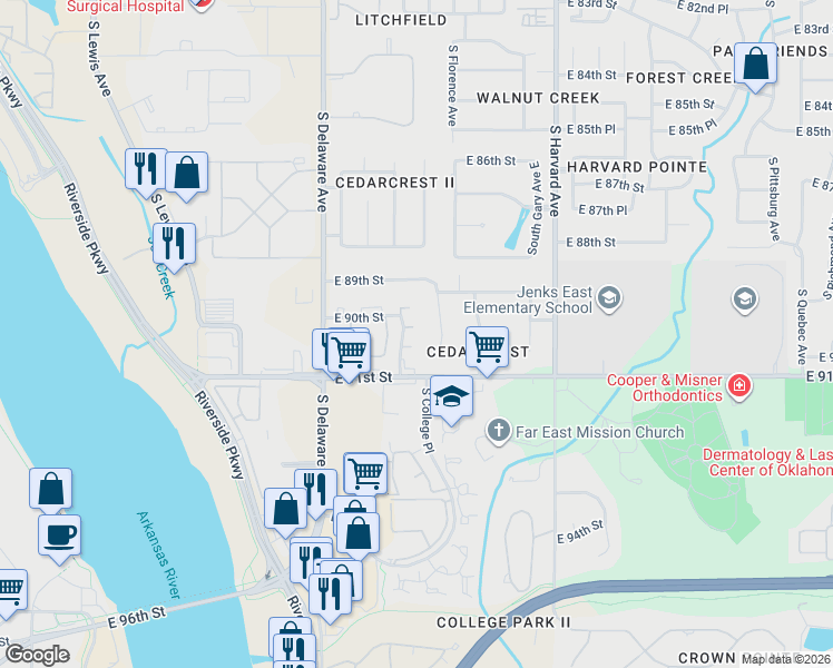 map of restaurants, bars, coffee shops, grocery stores, and more near 9022 South College Avenue in Tulsa