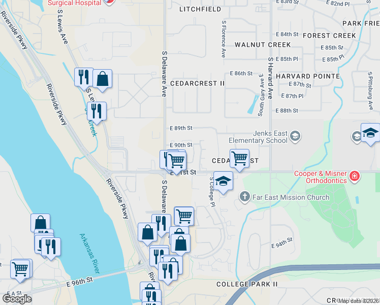 map of restaurants, bars, coffee shops, grocery stores, and more near 2854 East 90th Street in Tulsa
