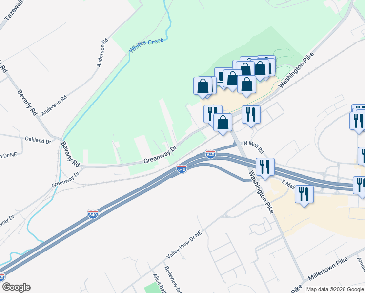 map of restaurants, bars, coffee shops, grocery stores, and more near 4418 Greenway Drive in Knoxville