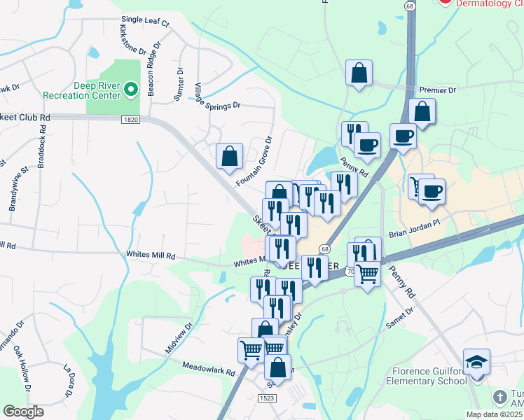 map of restaurants, bars, coffee shops, grocery stores, and more near 1573 Skeet Club Road in High Point