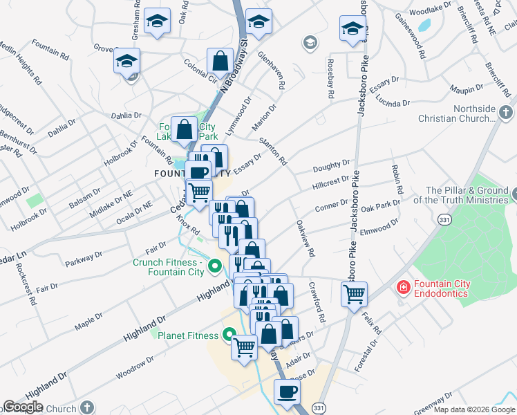 map of restaurants, bars, coffee shops, grocery stores, and more near 127 Hillcrest Drive in Knoxville