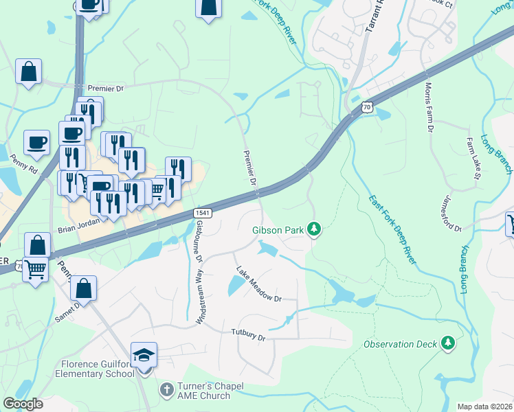 map of restaurants, bars, coffee shops, grocery stores, and more near 4043 Windstream Court in Jamestown