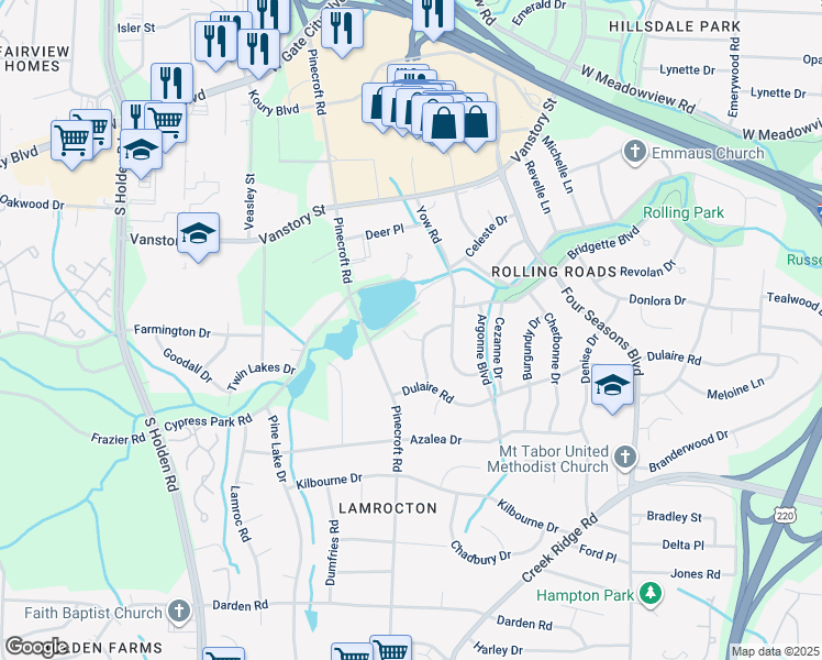 map of restaurants, bars, coffee shops, grocery stores, and more near 2604 Antoine Drive in Greensboro