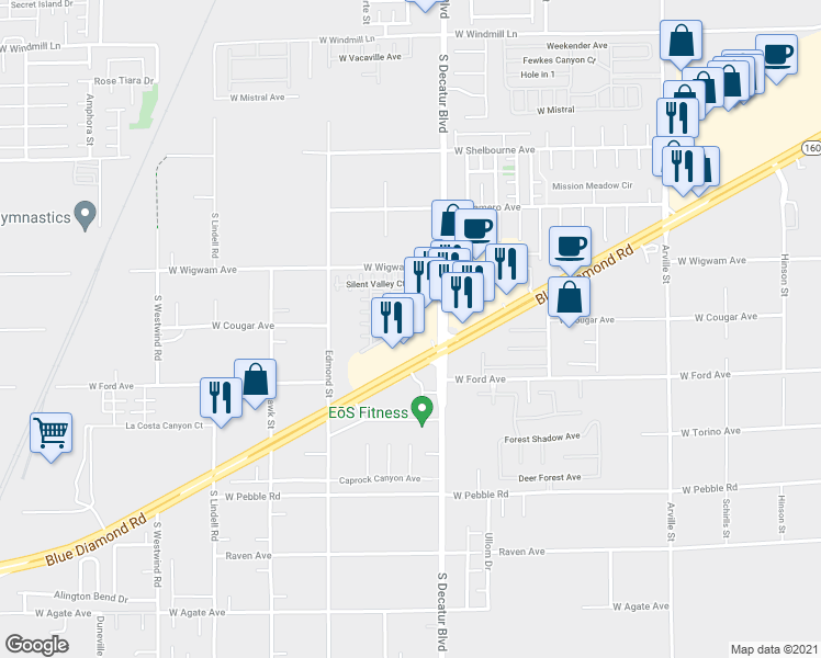 map of restaurants, bars, coffee shops, grocery stores, and more near 8614 Peaceful Dreams Street in Las Vegas