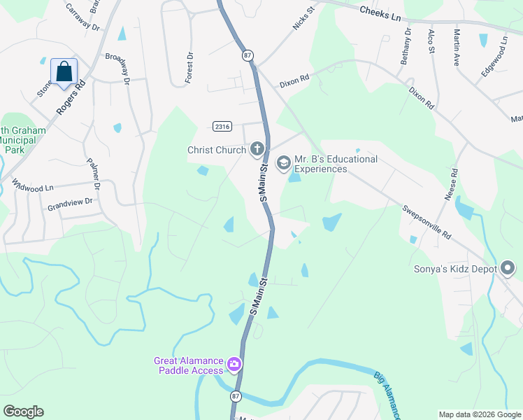 map of restaurants, bars, coffee shops, grocery stores, and more near 1821 South Main Street in Graham