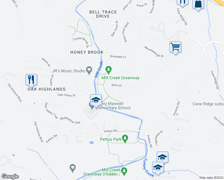 map of restaurants, bars, coffee shops, grocery stores, and more near 5608 Hickory Park Drive in Nashville