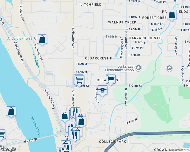 map of restaurants, bars, coffee shops, grocery stores, and more near 8946 South College Place in Tulsa