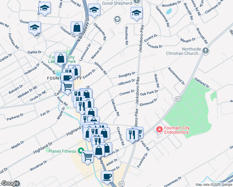 map of restaurants, bars, coffee shops, grocery stores, and more near 3019 Conner Drive in Knoxville
