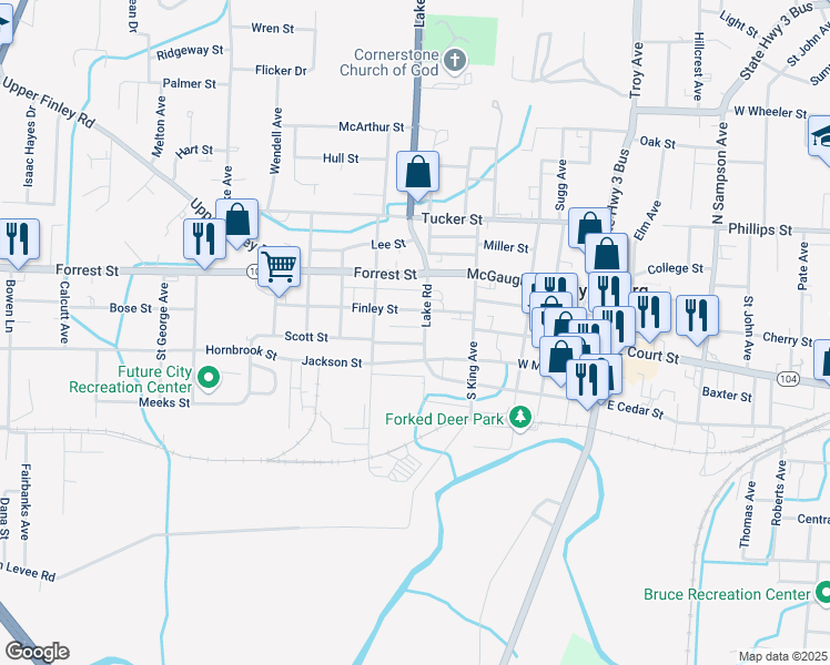 map of restaurants, bars, coffee shops, grocery stores, and more near Lakewood Estate in Dyersburg
