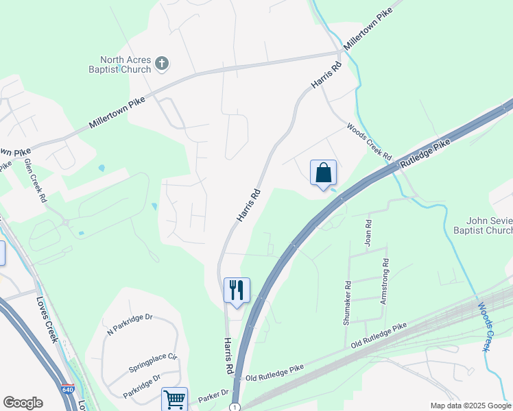 map of restaurants, bars, coffee shops, grocery stores, and more near 1940 Harris Road in Knoxville