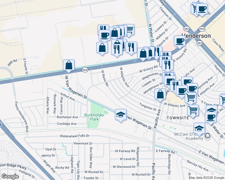 map of restaurants, bars, coffee shops, grocery stores, and more near 314 West Basic Road in Henderson