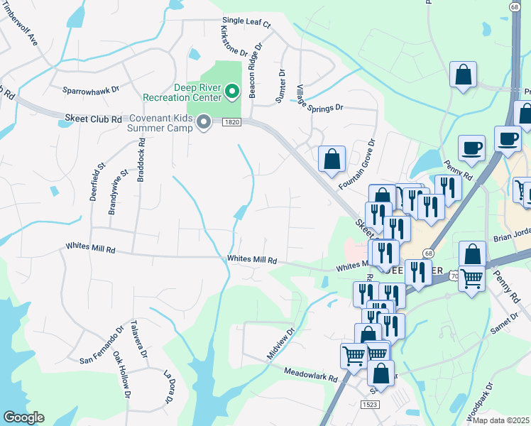 map of restaurants, bars, coffee shops, grocery stores, and more near 1606 Lakeland Point in High Point