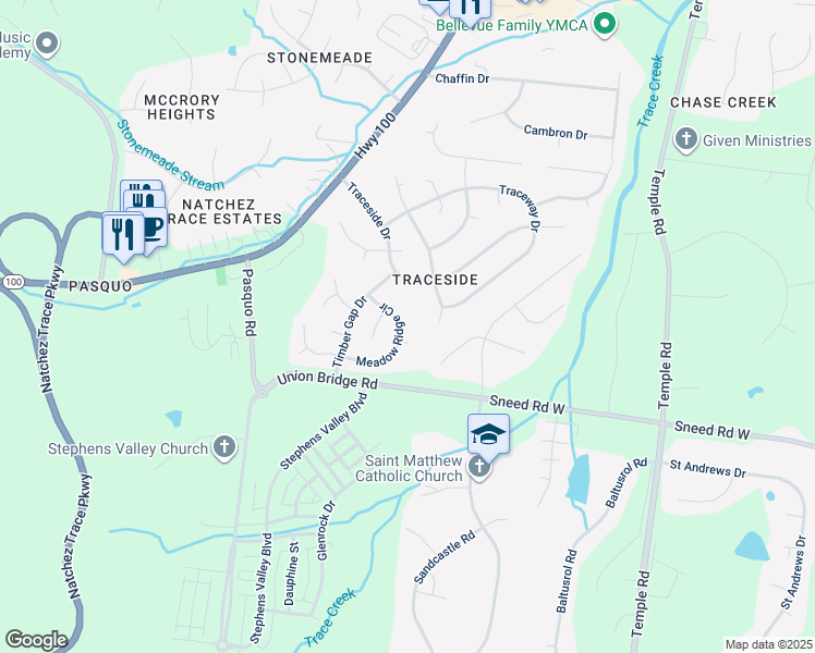 map of restaurants, bars, coffee shops, grocery stores, and more near 7016 Meadow Ridge Circle in Nashville