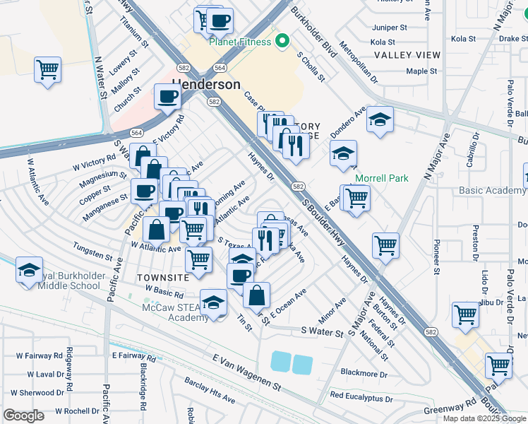 map of restaurants, bars, coffee shops, grocery stores, and more near 227 Kansas Avenue in Henderson