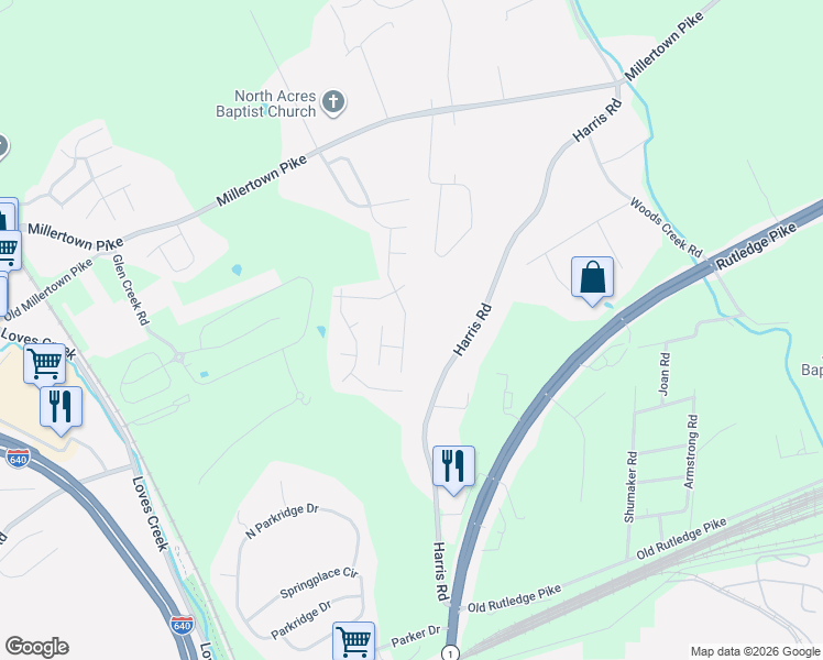 map of restaurants, bars, coffee shops, grocery stores, and more near 1929 Harris Road in Knoxville
