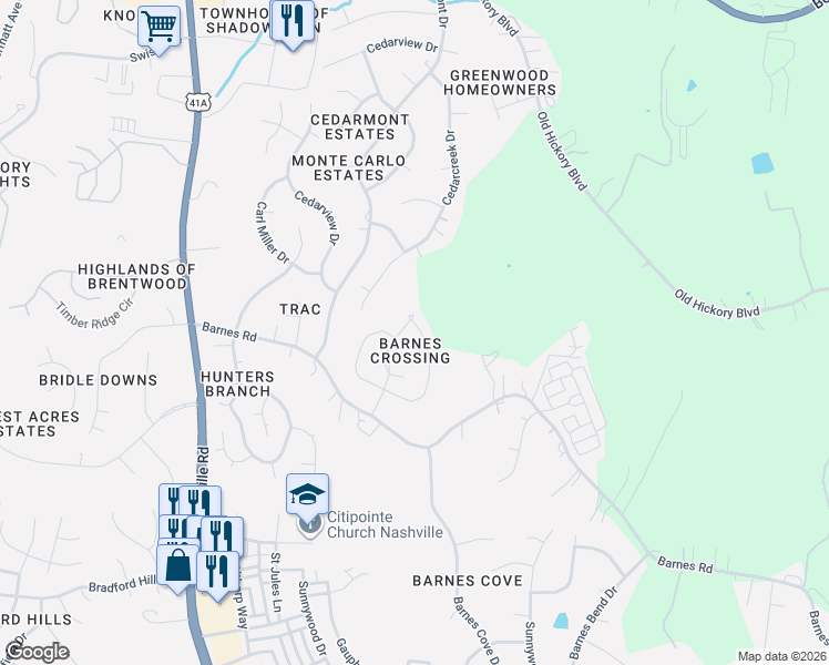 map of restaurants, bars, coffee shops, grocery stores, and more near 1786 Red Jacket Drive in Nashville
