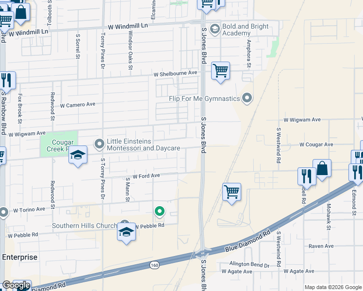 map of restaurants, bars, coffee shops, grocery stores, and more near 6182 West Cougar Avenue in Las Vegas