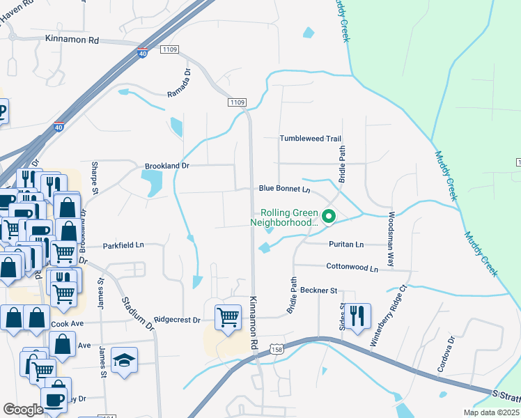 map of restaurants, bars, coffee shops, grocery stores, and more near 6081 Rollingreen Drive in Winston-Salem