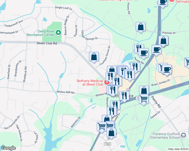 map of restaurants, bars, coffee shops, grocery stores, and more near 1568 Skeet Club Road in High Point
