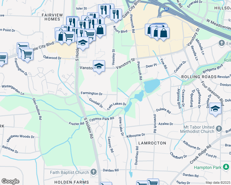 map of restaurants, bars, coffee shops, grocery stores, and more near 3003 Farmington Drive in Greensboro