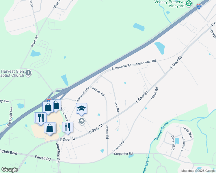 map of restaurants, bars, coffee shops, grocery stores, and more near 2730 Joyner Road in Durham